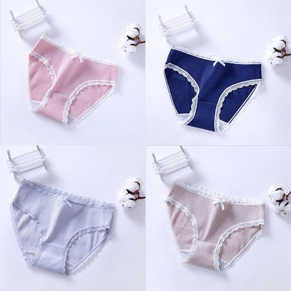 

new fashion panties low waist screw thread briefs bows breathable panties women striped lingerie underwear women, Black;pink