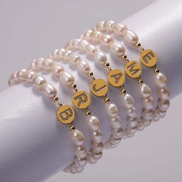 

2020 bohemia gold initial 26 alphabet letter name cz charm natural freshwater pearl beaded bracelet bangle for women gift1, Golden;silver