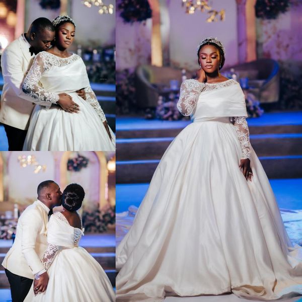 

long sleeve princess wedding dresses lace stain african aso ebi puffy skirt vestido de novia lace-up corset bridal dress, White