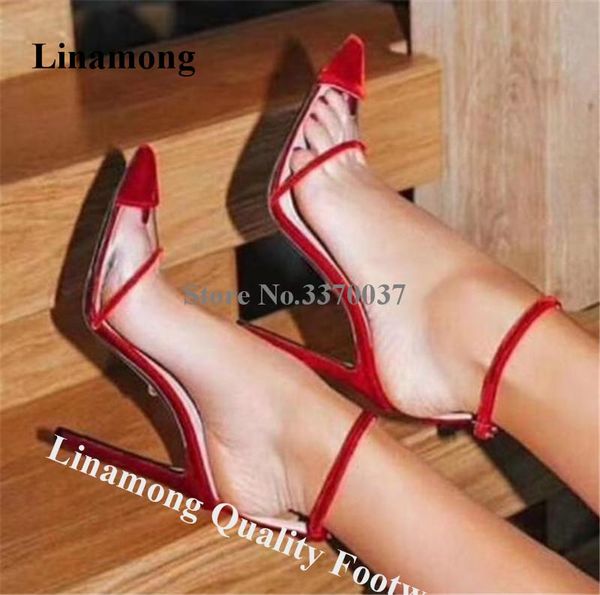 

linamong fashion pvc patchwork velvet stilatto heel pumps pointed toe red black transparent high heels formal dress shoes