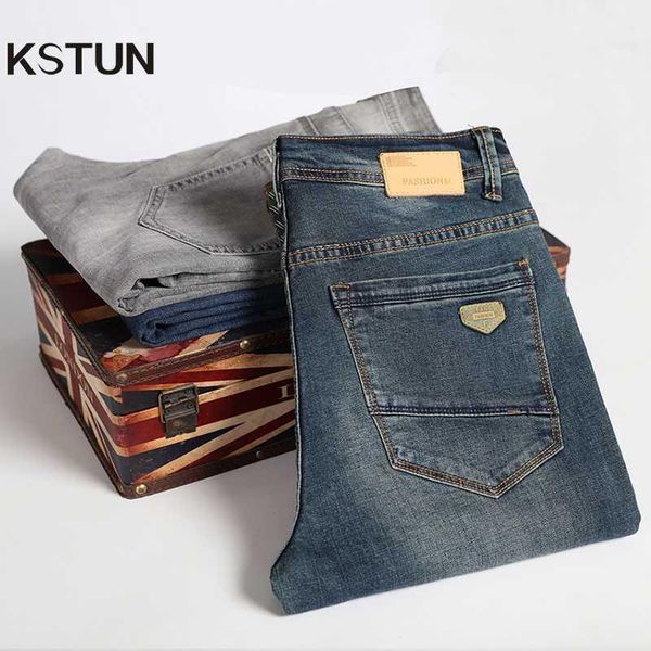 

kstun jeans men retro blue straight regular fit business casual denim pants men's jeans long trousers vintage plus size 401