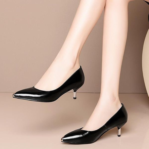 

women pumps cow leather pumps party shoes spring summer shallow slip on high heeled pointed toe shoes woman, Black