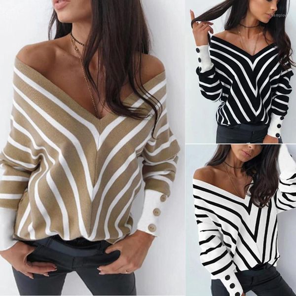 

women long sleeve deep v neck stripes patchwork print blouse off shoulder buttons sleeve tight knitwear sweater 1, White;black