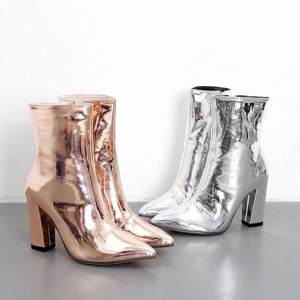 

silver patent leather mid-calf boots high heels 9cm boots women autumn shoes female pointed toepole dancing woman shoes pumps #po1x, Black