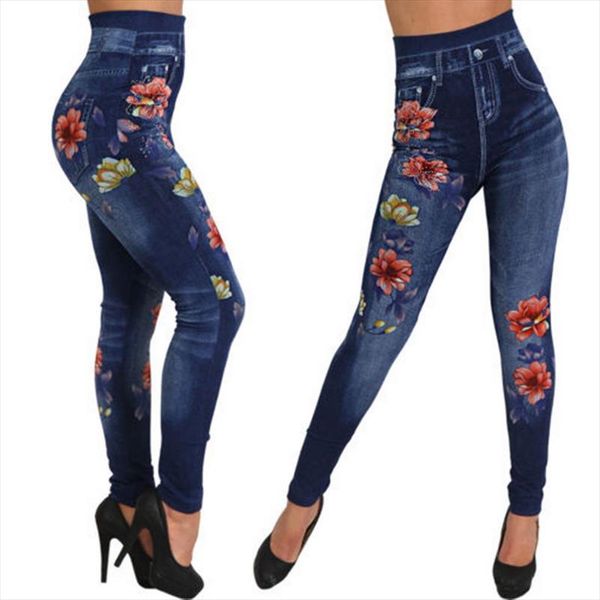 

summer high denim jeans leggings women ethnic floral printed high waist rose print pencil pants casual leggings, Black