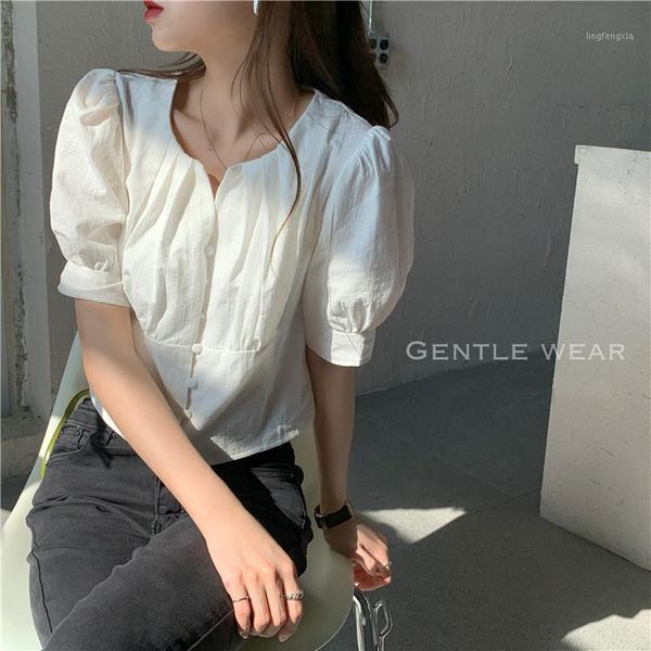 

2020 summer short blusas casual white blouses women elegant o-neck female shirts single-breasted short sleeve shirt vs1871