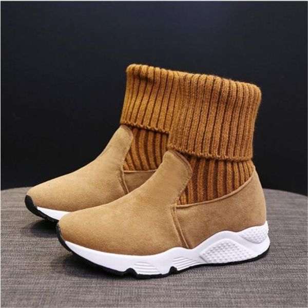 

sneakers 2020 fashion knitting socks stretch ankle boots woman soft turned-over snow shoes women fur plush platform thick botas, Black