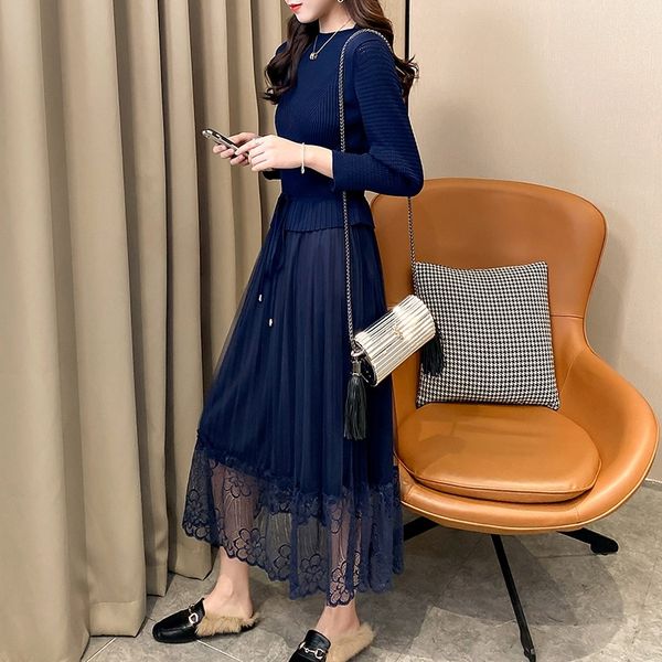 

0wfnk поддельный двухсекционный темперамент лед шелк вязаный женский весной и летом bottomin средней длины рукава dresslace dressnew семь че, Black;gray