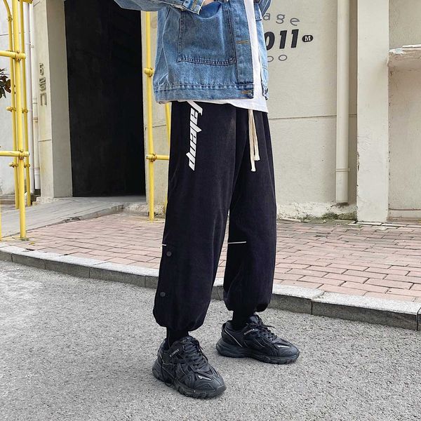 

2021 spring men's casual corduroy korean loose trend corset 9-point sports pants, Black