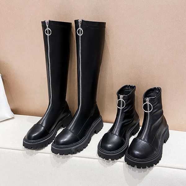 

2020 mid calf autumn platform gothic shoes fashion winter women high heel front zipper warm boots q1104, Black
