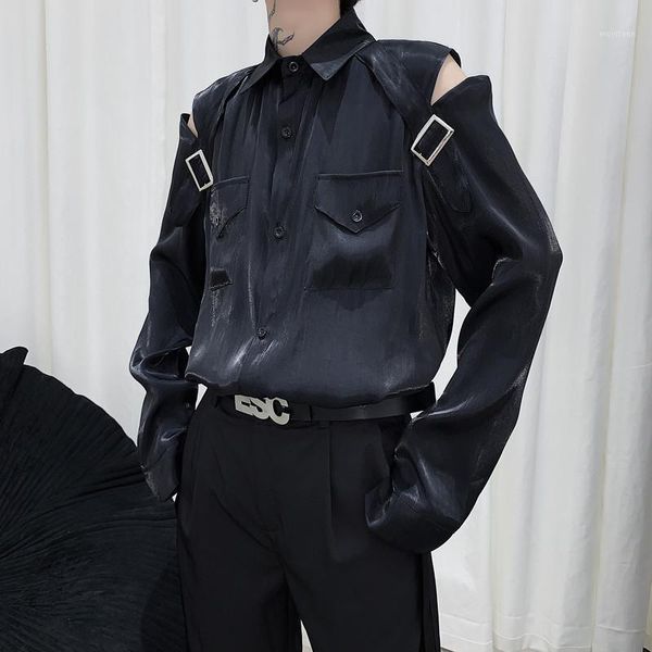 

men shoulder hollow casual long sleeve shirt male streetwear hip hop white black dress shirts1