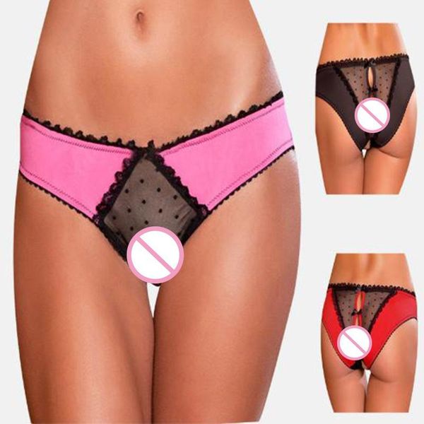 

lace women pants open crotch mesh temptation thongs bowknot hallow out erotic lingerie crotchless briefs panties for sex1, Black;pink