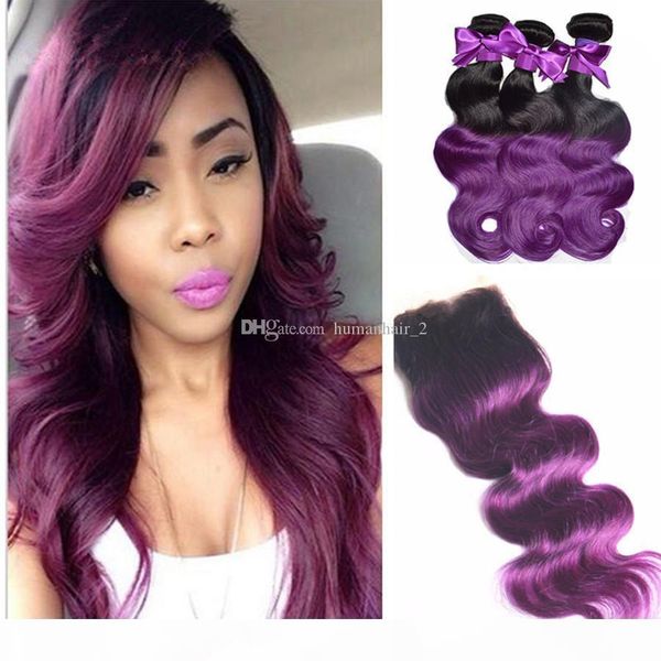 

8a purple hair brazilian virgin hair bundles with lace closure ombre 1b purple human hair with lace closure 4*4 closure with bundles, Black;brown