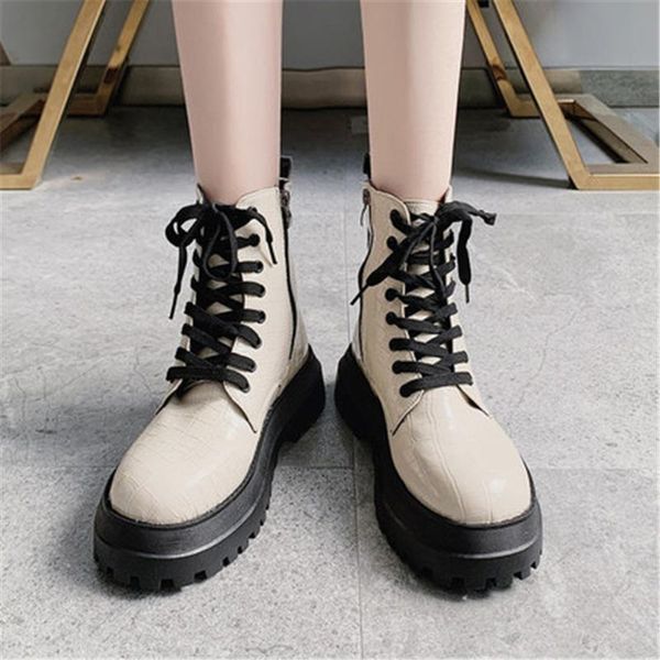 

boots women army combat ankle woman lace up shoes gothic platform leather chunky heels fashion botas mujer beige black