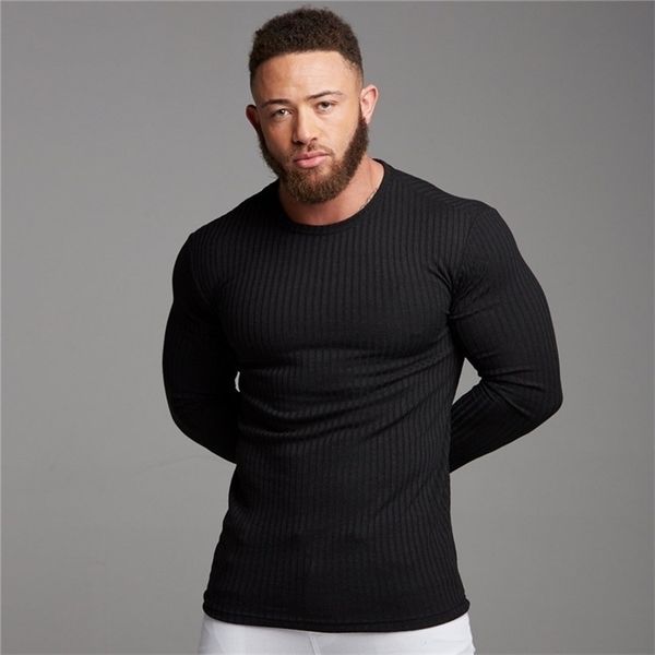 

autumn fashion men's t-shirt sweater o-neck slim fit knittwear men fitness long sleeve pullovers t-shirts 201117, White;black