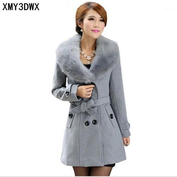 

winter coat women 2017 new fashion slim big fur collar double-breasted womens wool blended warm outerwea plus size m-5xl1, Black