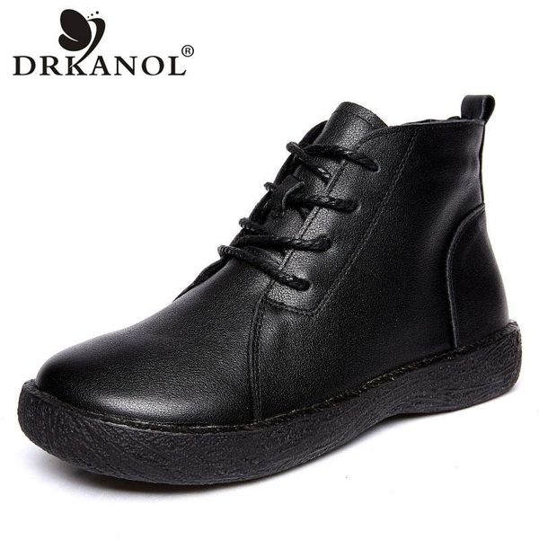 

drkanol plus size 41 women ankle boots 2020 handmade round toe genuine leather women boots autumn winter warm flat cotton, Black