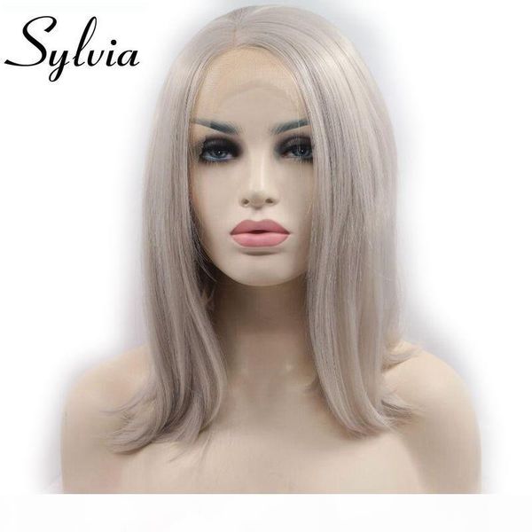 

sylvia silver grey short bob wigs synthetic lace front wig heat resistant fiber short straight hair for women, Black