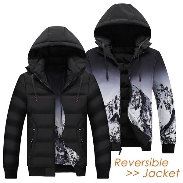 Männer Winter Casual Abnehmbare Hut Warme Reversible Jacken Parkas Mantel Männer Herbst Mode Schnee Berg Druck Dicke Parka Männlich 211216