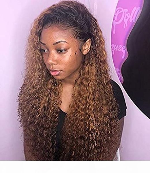 

curly hair lace front wigs honey blond ombre red brown highlight two tone human long wigs brazilian hair for black women 150%, Black;brown