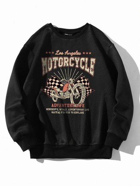 

slogan & motorcycle print thermal sweatshirt n5tg#, White;black
