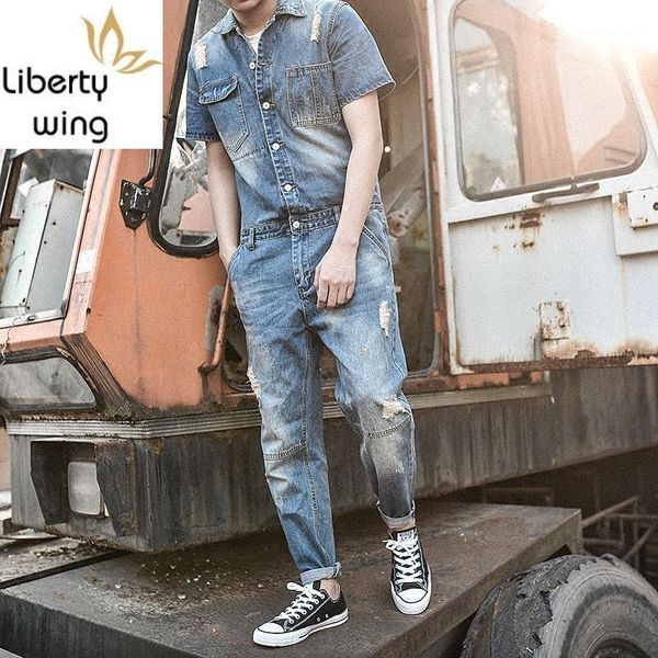 

men's tracksuits japan style vintage rompers mens jumpsuit fashion frayed skinny jeans ankle length pants teenager denim overalls for c, Gray