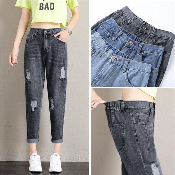 

spring jeans korean women vintage high waist jeans elastic waist plus size female womens wild loose harem pants y1204011, Blue