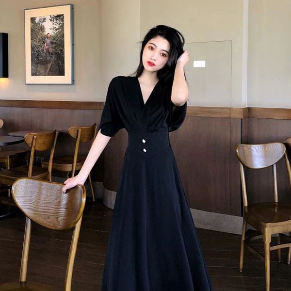 

2021 new standard vintage style yamamoto knee very fairy french platycodon high waist with v dress summer rnkn, Black;gray