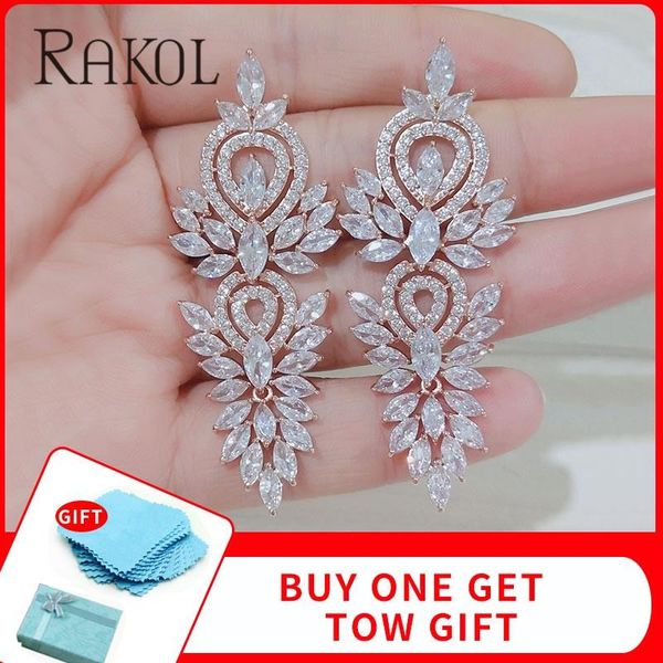 

rakol luxury marquise cut cubic zircon big long dangle earring for women fashion leaf bridal wedding jewelry accessory, Silver