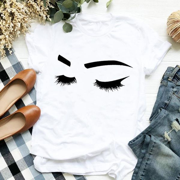 

women lady t shirt eyelash face printed tshirt ladies short sleeve loose tee shirt women female clothes graphic t-shirt, White