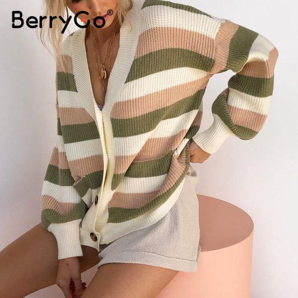 

berrygo casual v-neck women knitted sweaters lantern sleeve single-breasted female cardigan office lady stripe loose sweater, White