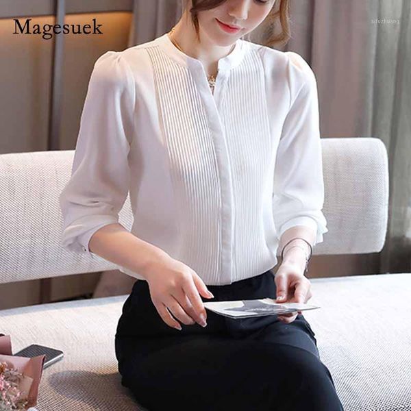 

2020 women v-neck solid female office lady white cardigan women shirts autumn long sleeve chiffon blouse clothing 108561