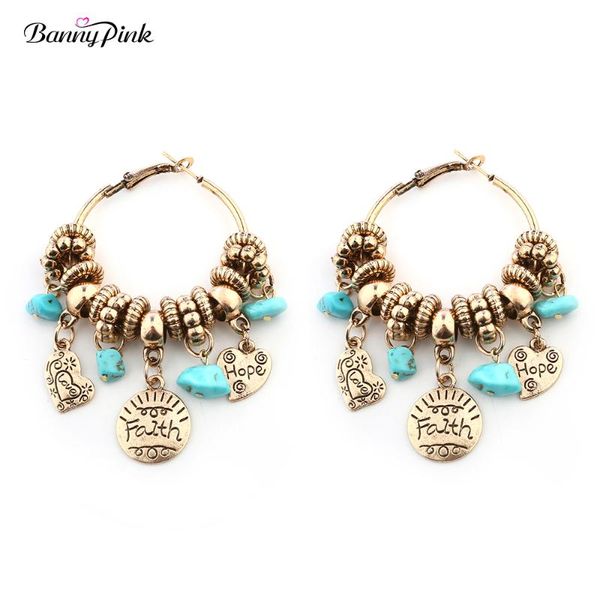 

banny pink vintage hope faith love heart pendant earrings for women ethnic alloy tassel hoop earrings fashion jewelry pendientes, Golden;silver