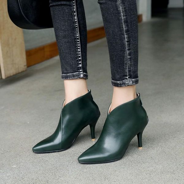 

boots women autumn winter pointed toe warm short fleece thin high heels v-cut ankle woman booties plus size 46 47, Black