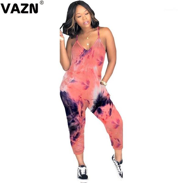 

women's jumpsuits & rompers vazn 2021 fitness sport vintage tie dye sleeveless strap elegant office style v-neck womens jumpsuit fashio, Black;white