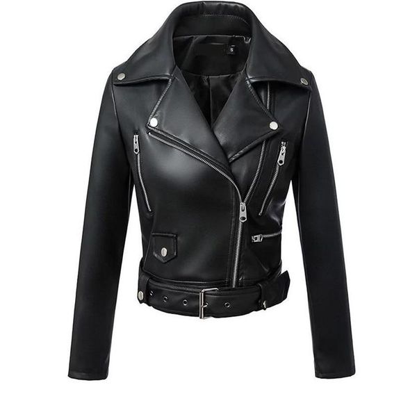 

autumn women pu leather jacket woman zipper belt short coat female black punk bomber faux leather outwear fashionable pu jacket