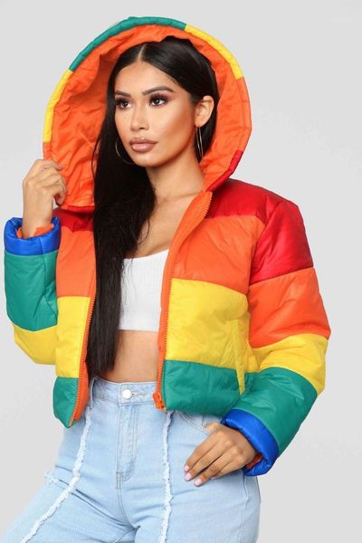 

women's down & parkas women's cotton jacket winter 2021 thin rainbow striped hooded short slim street trendy1, Black