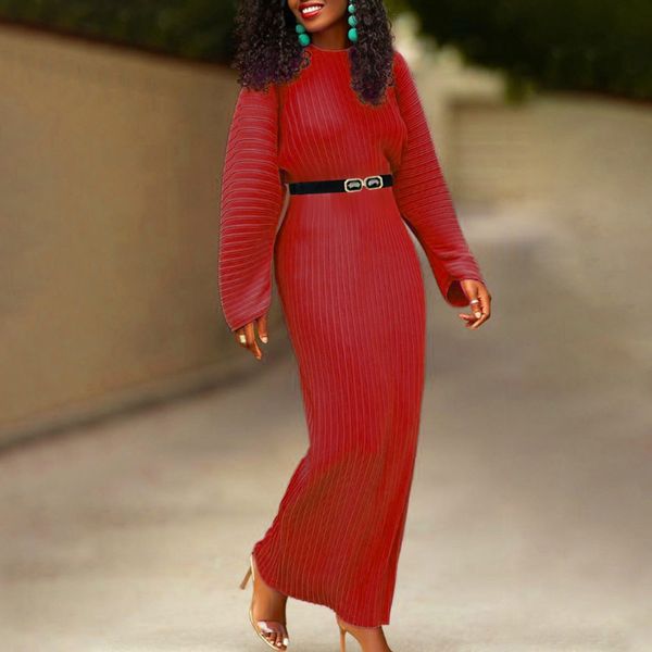 

women maxi dress o neck long sleeves with waist belt christmas autumn winter vintage elegant bodycon slim african female fashion 201126, Black;gray