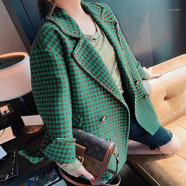 

2020 autumn winter fashion plaid woolen coat women loose double breasted wool blends suit jacket1, Black