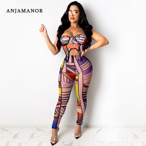 

anjamanor 2 piece outfits women clothes clubwear geometric print corset leggings sweat suits matching sets d42-dc20 c0123, Gray