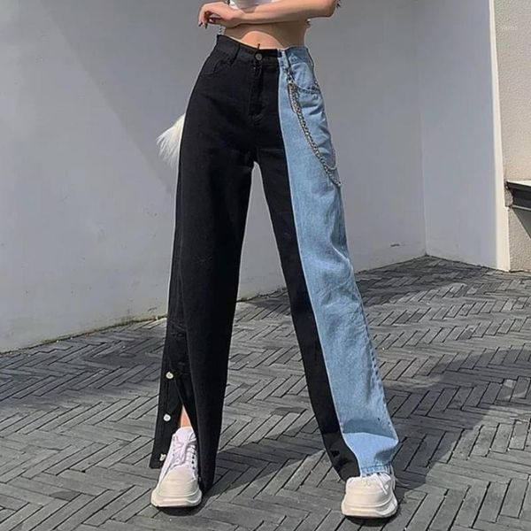 

vintage jeans women long trousers cowboy female loose high waist women jeans split wide leg1, Blue