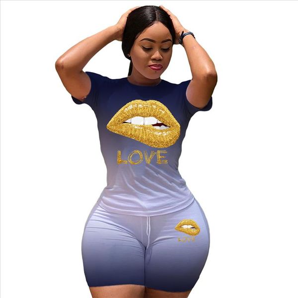 

2020 women 2 piece set summer clothes gradient mouth lip letter print t shirt and biker short casual plus size two piece, Gray