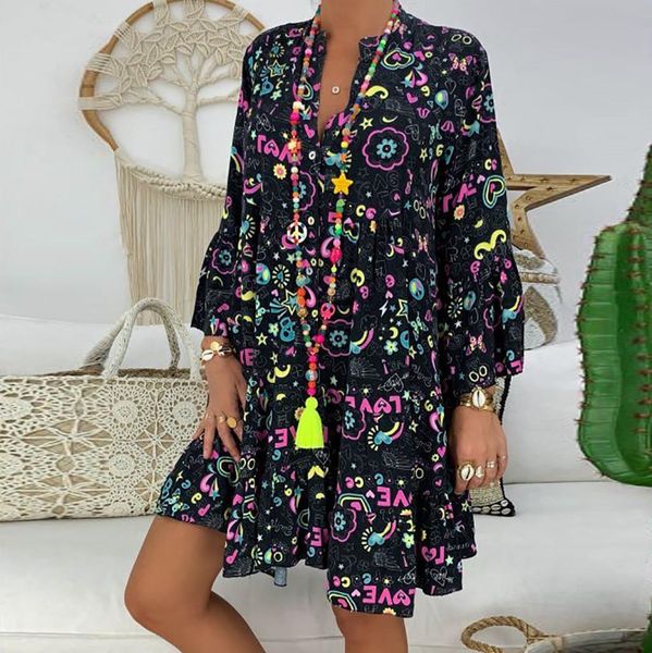 

women's dresses ladies plus size loose print long sleeve v-collar button mini dress see through dress summer dress robe de plage, Black;gray