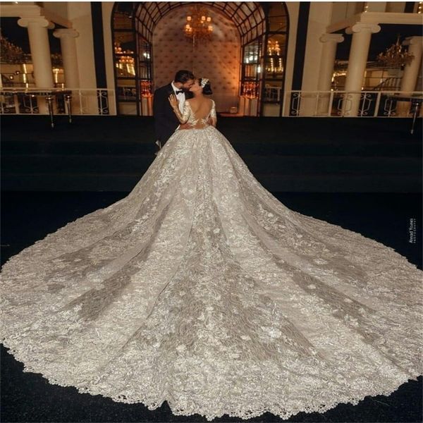Abiti da sposa a sirena di lusso Arabo Dubai Perline Appliqued Cappella in pizzo Abito da sposa con maniche lunghe treno staccabile Vestidos De Novia