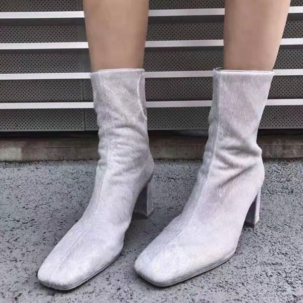 

boots woman women high heels square toe fashion genuine leather horse hair motorcycles brand design ankle, Black