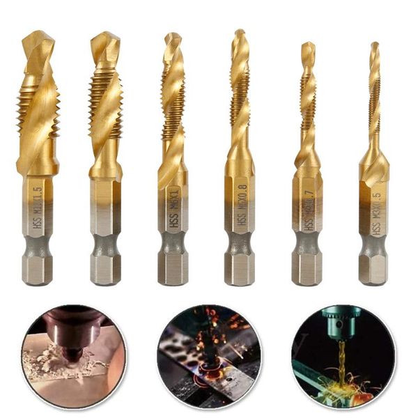 

6pcs m3-m10 screw tap drill bits hss taps woodworking metric combination bit high speed steel titanium 1/4" in quick change hex