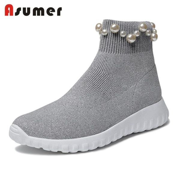 

boots asumer 2021 fashion knitting ankle women round toe platform flat with pearl slip-on stocking casual shoes, Black