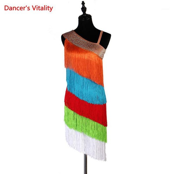 

professional customized women latin ballroom dress waltz modern dance tango cha-cha fringed sleeveless diamond dress1, Black;red