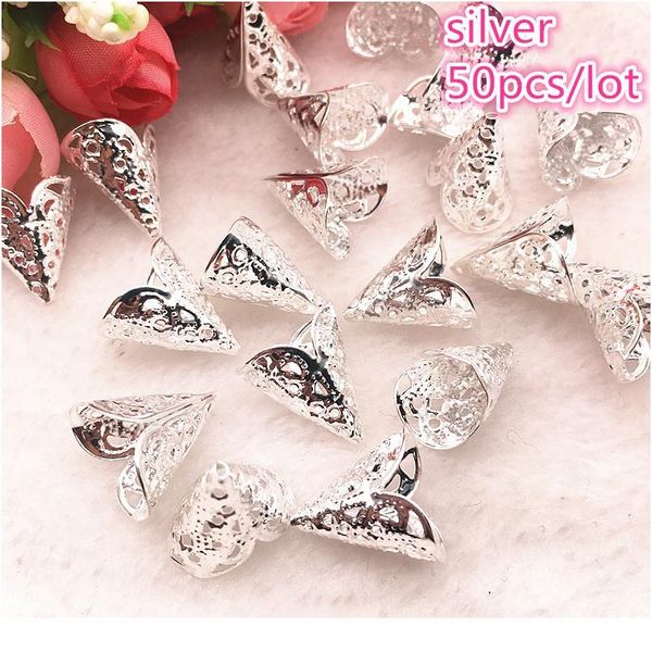 

50pcs/lot 15x17mm vintage filigree metal horn hollow flower spacer beads end caps pendant diy charms connectors qylvkf