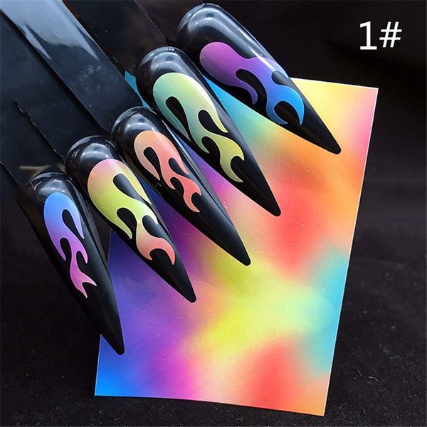 

8*6cm 3d holographic fire flame nail vinyls stickers glitter laser flames nail art foil transfer sticker decal decorations set, Black